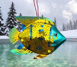 Vintage Tropical Fish Christmas Tree Ornament Gold Sequins Angelfish Nautical - $11.89