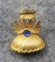 Vintage Ultra Guardian Angel Sapphire Blue Color Rhinestone Gold Tone Brooch Pin - £9.71 GBP