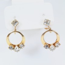 Rhinestone Earrings Clip On Screw Back Vintage Gold Dangling - €7,59 EUR