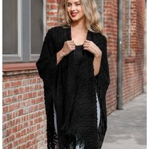 Black Soft Diagonal Knit Fringe Trim Ruana Wrap Shawl - $28.71