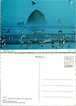 Oregon Coast Haystack Rock Seagulls Flying Mist Fog Ocean Shore VTG Postcard - £7.51 GBP