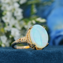Natural Opal Vintage Style Floral Filigree Ring in Solid 14K Yellow Gold - £915.97 GBP