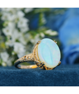 Natural Opal Vintage Style Floral Filigree Ring in Solid 14K Yellow Gold - £913.22 GBP