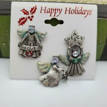 Happy Holidays Angel Pin Peace Joy Love Christmas 3 Pins Rhinestones glitter - £7.73 GBP