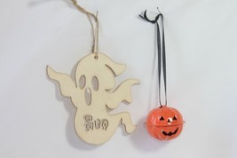 Ornament Set (new) PUPMKIN BELL &amp; WOOD GHOST - HALLOWEEN HANGING SET OF 2 - £4.94 GBP