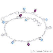 Crystal, Hollow Ball &amp; 2.2mm Oval Chain Italy .925 Sterling Silver Charm Anklet - £24.93 GBP