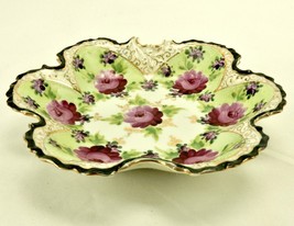 Porcelain Candy Dish, Purple Flowers, Scalloped Petals, Slip Trail, Gold... - £15.60 GBP