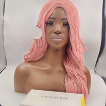 FESHFEN Long Pink Wig for Women 22 inch Curly Wavy Full Wig Middle Parting Wigs - £12.80 GBP