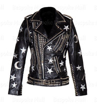 New Womens Brando Style Black Silver Studs Star Patches Biker Leather Jacket-874 - £338.82 GBP