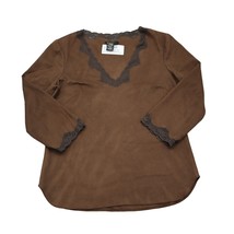 BCBG Maxazria Shirt Womens S Brown Velvet Long Sleeve Lace VNeck Blouse - $25.72