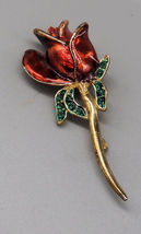 Enamel Red Rose Pin With Rhinestones - £11.94 GBP