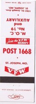 Veterans Of Foreign Wars VFW Matchbook Cover Post 1668 St Joseph Missouri - £1.09 GBP