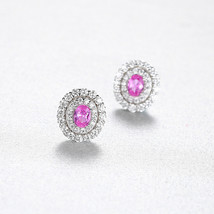 Pink Gemstone Stud Earrings 925 Silver Earrings Women&#39;s Round Synthetic Gemstone - £26.73 GBP