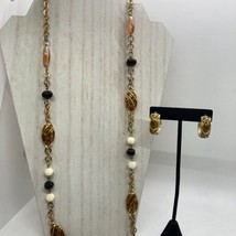 Vintage Set 18&quot; Necklace Pierced Hoop Earring Enamel Gold Tone Glass Beads - £11.64 GBP