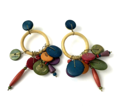 Vintage 70s Earrings Mod Statement colorful Wood Hippie Boho Chic Danglers - £15.65 GBP