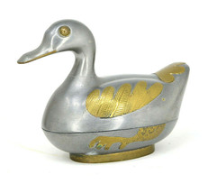 Vintage Metal Duck Trinket Stash Box Pewter with Brass Feathers  - £12.05 GBP