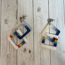 Groovy Retro Rainbow Square in Square 2&quot; Plastic Dangle Drop Pierced Earrings - £7.27 GBP