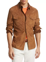 Men brown suede leather shirt designer tan suede cowboy leather jacket shirt #8 - £113.26 GBP+