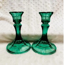 Vintage Indiana Glass Co. Paneled Teal Green 4 1/2&quot; Candlesticks  - £22.42 GBP