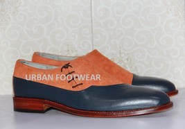 Mens New Handmade Formal Shoes Tan Suede &amp; Blue Leather Side Style Side Lace Up  - £115.09 GBP