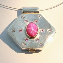Locket Pendant Pink Star Ruby Pink White Sapphires Hinged Box Hexagon Design 697 - £285.63 GBP