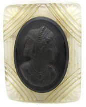 Antique Victorian Carved Jet and Celluloid Mourning Cameo Brooch  - $147.51