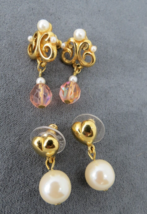 Lot 2 Earrings Pierced Dangle Gold Tone Pink Crystals Valentine&#39;s Day Faux Pearl - £7.77 GBP