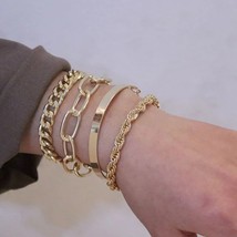  Fashion Punk Curb Cuban Chain Bracelets Set Boho Thick Gold Color Charm Bracele - £12.77 GBP
