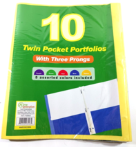 10 TWIN POCKET PORTFOLIOS With THREE PRONGS 5 Assorted Colors New Genera... - $4.94
