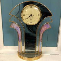 Vtg ART DECO Stained Glass 15” Shelf Mantle Table Clock Takane Quartz movement - £206.47 GBP
