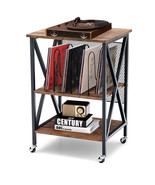 Rolling Turntable Stand 3-tier Vinyl Record Storage Shelf w/3 Dividers &amp;... - £94.94 GBP