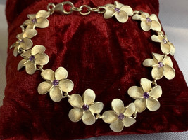 Sterling Silver Flower Bracelet 12.82g Fine Jewelry 7.5&quot; Amethyst Color Stones - £47.17 GBP