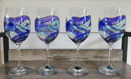 4 Tall Cobalt &amp; Aqua Blue Swirl Gold Outline Wine Goblets Art Glasses 10... - $89.99