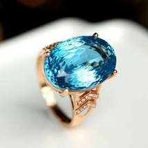 Swiss Blue Topaz Cocktail Anniversary Ring 14K Gold Rose Wedding Gift For Her - £461.53 GBP