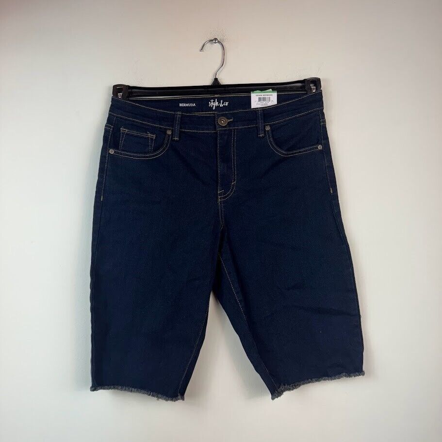 Primary image for Style & Co Womens 8 Dark Blue Wash Mid Rise Bermuda Raw Hem Shorts NWT AT28
