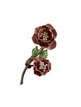 Vintage Pink Enamel Rose Brooch Pin Faux Pearl Center 3.5&quot; Long Gold Tone - $24.75