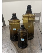 Morgantown Glass Diplomat Covered Jars Canister Set Of Three Nutmeg Brown - $247.49