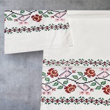 Two Queen Pillowcases Cross Stitched by Hand Floral Vintage Bright and W... - $18.49