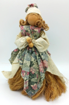Handmade Corn Silk Doll 12&quot; Floral Print Dress Wooden Beads Vintage - £12.01 GBP