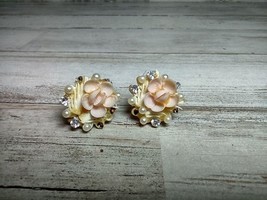 Vintage Floral Natural Shell Faux Pearl Rhinestone Earrings Screw Back 3/4&quot; - $7.54