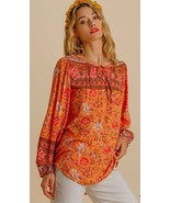 New Umgee S M Peach Mixed Floral Border Print Long Puff Sleeve Split Nec... - £19.97 GBP