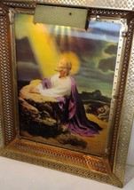 Vintage Lighted Metal Picture Frame 3D Lenticular Praying Jesus Hologram... - $48.51