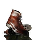 Handmade Men Brown Leather Wing Tip Lace Up Boots, Men Ankle Casual Dese... - £127.42 GBP