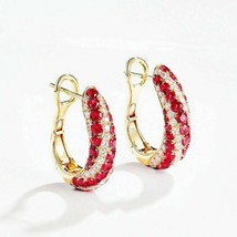 2 Ct Round Lab Created Red Ruby Hoop/Huggie Gift Earrings 14k Yellow Gold Plated - £51.76 GBP