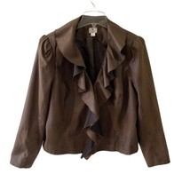 Worthington Faux Leather Ruffle Collar Jacket Plus Size 1X Brown Vegan Outdoor - £7.03 GBP