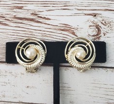 Vintage Clip On Earrings - Light Gold Tone &amp; Faux Pearl Spiral - £10.19 GBP