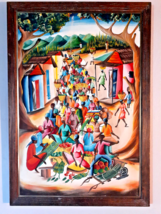 Vintage Haitian Painting, Acrylic on Canvass, Village Scene, Signed FanFan - $102.50
