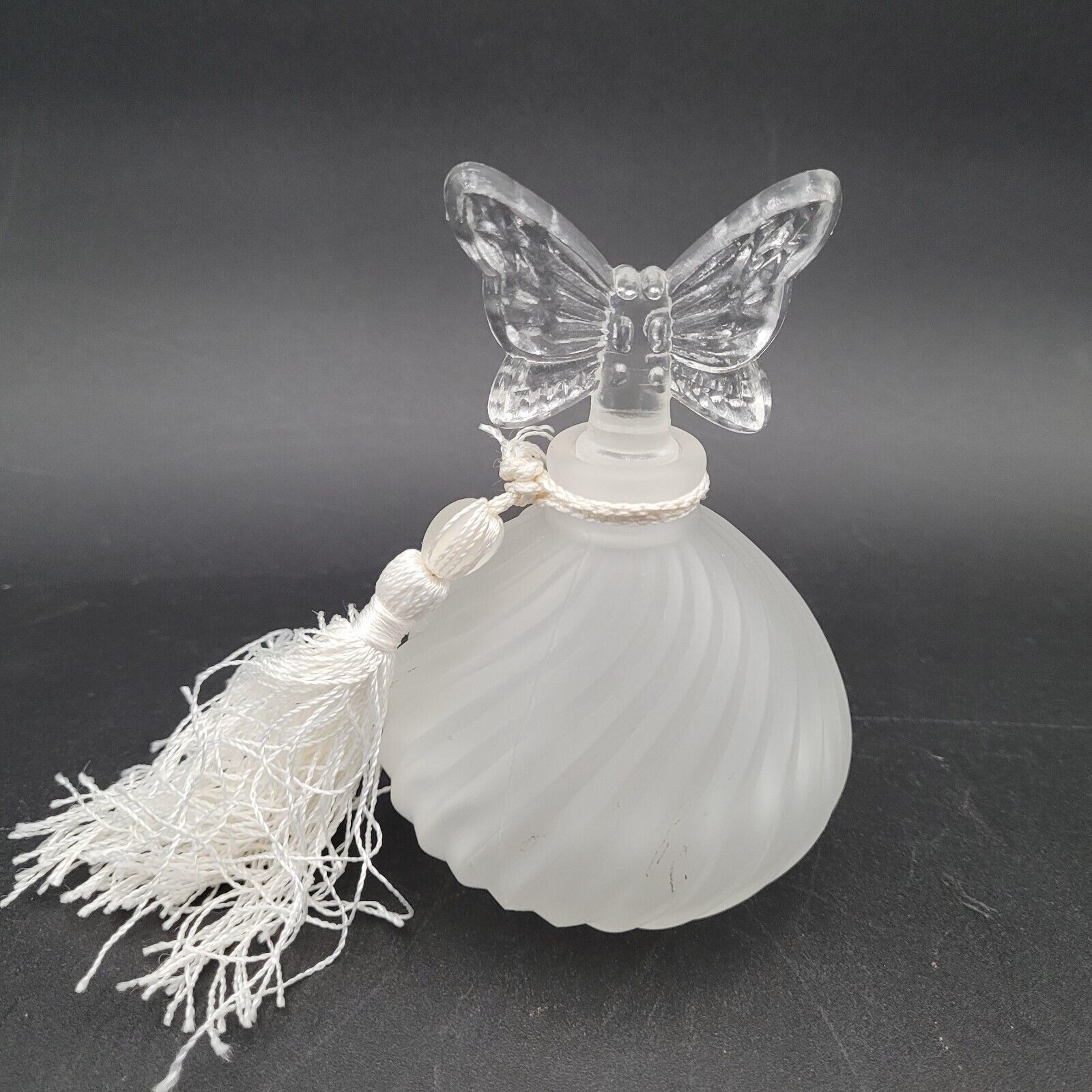 Primary image for Vintage Silvestri Swirl Frosted Glass Perfume Bottle Butterfly Topper w/Tassel