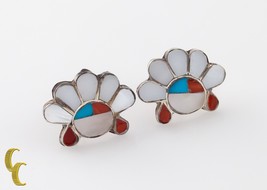925 sterling Silver Turquoise/Coral/Mother Of Peal Dangle Earrings - £39.32 GBP