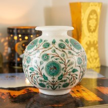 6&quot; White Marble Flower Inlay Vase Stone Malachite Inlay Flowers Pot - £2,057.54 GBP